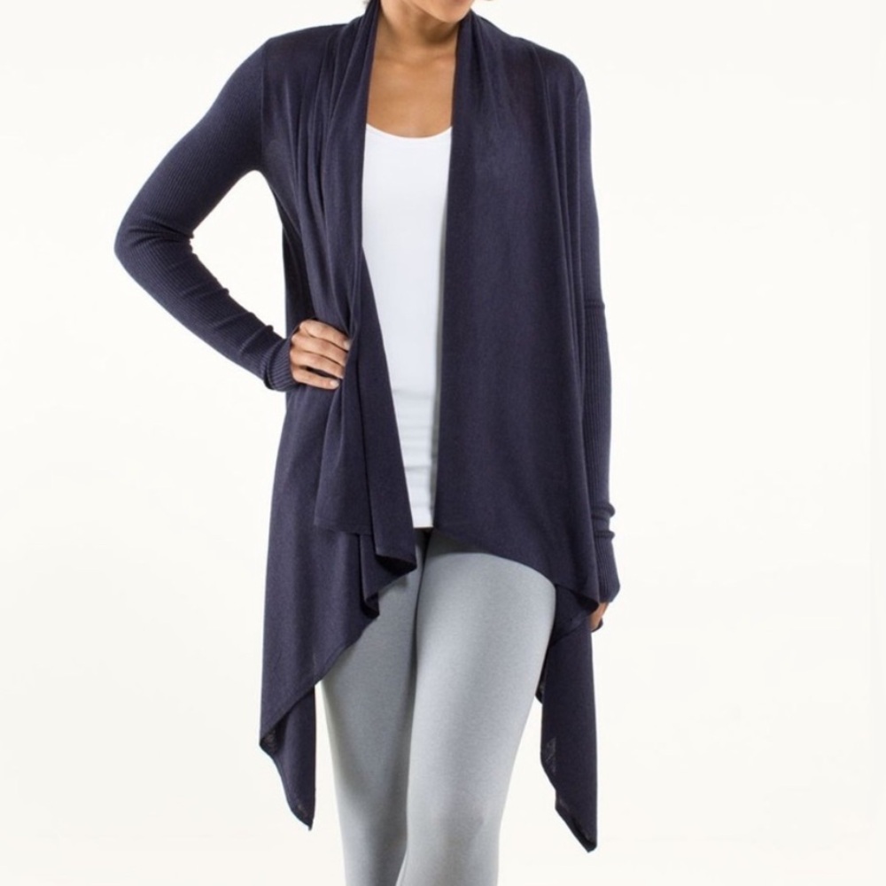 LULULEMON Cashmere Universal Wrap Rib Sleeve Drape Open Front Cardigan Sweater